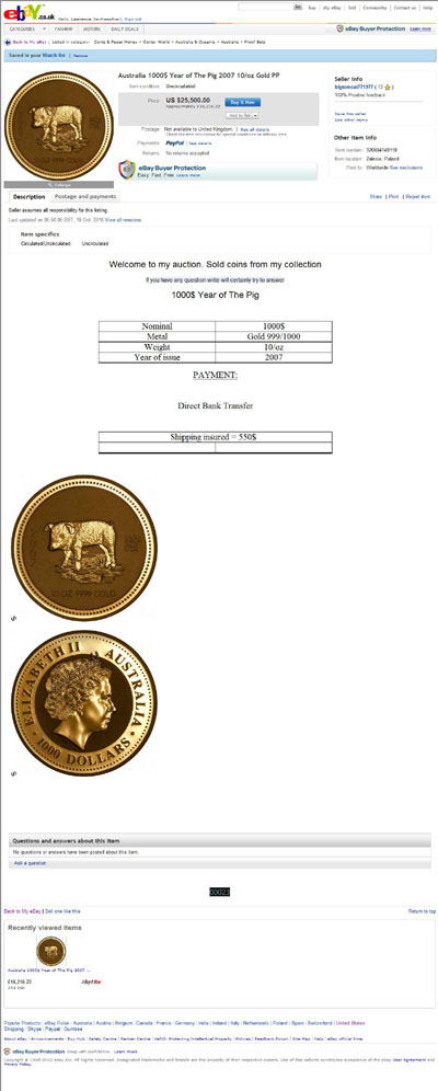 bigtomcat771977 eBay Listing Using our 2007 Australian Year of the Boar Kilo Gold Coin Obverse & Reverse Photograph